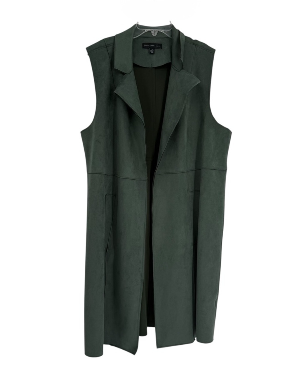 Joan Vass Long Faux Suede Open Front Vest Green Size Large Collared pockets